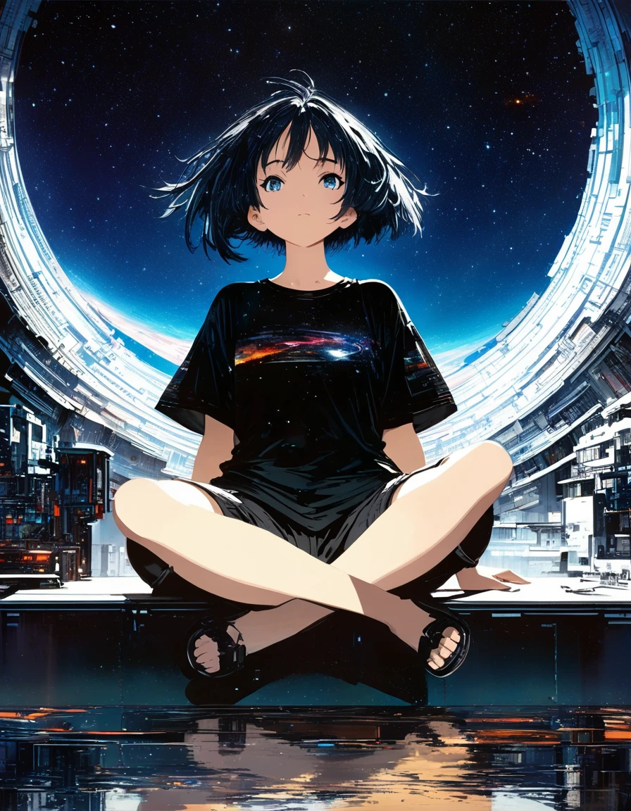 Very detailed:1.3, (Absurd, texture, masterpiece), pixiv Contest Winner, John Berkey, Dynamic cartoon style illustrations,Sitting with legs crossed, Starry sky inner hair,Dark aesthetic,Euphoric,Oversized T-shirt,Black shorts,A beautiful woman with short hair,Anime key visual,