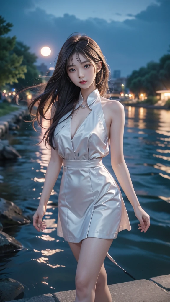 ulzzang-6500-v1.1, (RAW photo: 1.2), (Real photo), (Real photo: 1.4), 1 girl、Perfect anatomy、1、Looking at the camera、Medium length hair、dress, skirt, walking beside a cool blue river in fores, with the moon and stars, ((by the river at night in fores: 1.1))、(Business service)、Asian eyes Ella,