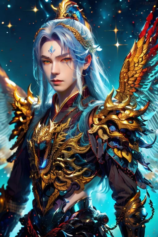 Handsome young xianxia protagonist,man,guy,long silver hair, Crimson red and golden amber eyes combination ,eyes focus detailed((no noice)),(((no noice))),and long silver hair with white undertone,and the golden rune motiv scratched on his forehead((no noice)),use armour featuring like pattern on furr of white Tiger chinese with azure and white dominant color,pauldron protective shape like dragon head,breastplate featuring like azure dragon head,breastplate detailed azure dragon head shape,shoulder protective dragon shape like head red and blue,sun and moon and nebulae circling at the background,nebula destruction detail,the tassel of the armour like river of galaxy, combination of azure and white dominant color,white dominant color, white dominant color armour,with majestic purple line ,held mystical sword,sword detailed, destruction emanating from sword ((no noice))And majestic golden wings at back,wings at back,terrifying aura around,24K ultra hd,face and eyes detail,lips and face detail,masterpiece ,better quality,ultraa realistic face((no noice)),good face proportion,eyes detailed,((perfect face)),perfect eyes ,perfect face proportion,