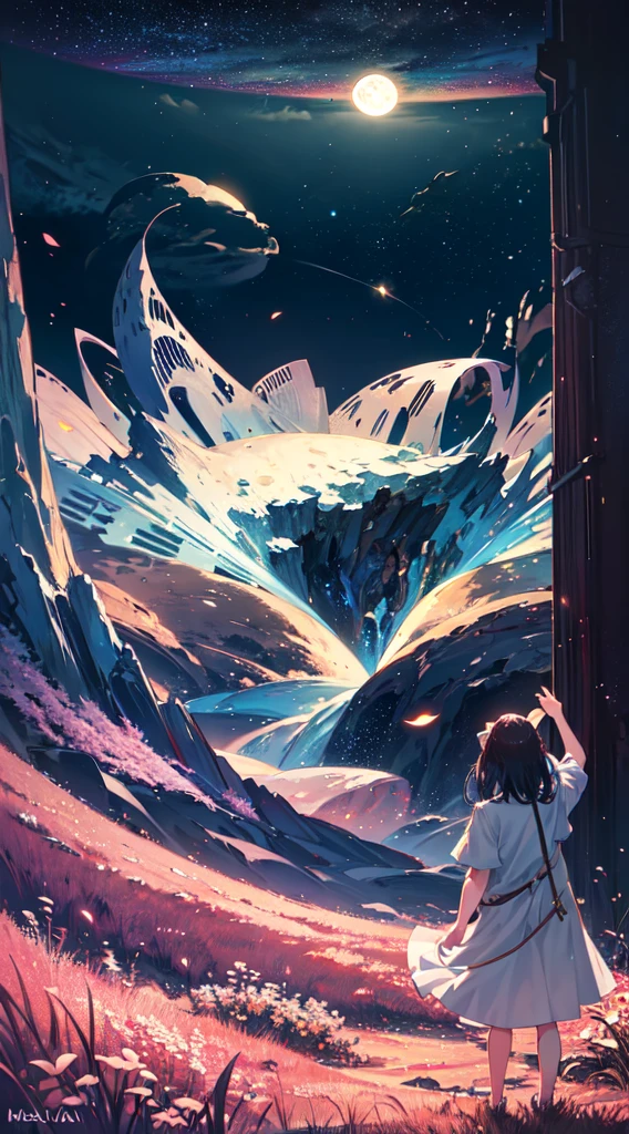 Vast landscape photos, (from below, the sky above, open fields below), a girl standing on a flower field looking up, characters 0.6 (Full Moon: 1.2), (meteors: 0.9), (Nebula: 1.3), distant mountains, trees BREAK Making art, (warm light source: 1.2), (Firef... --auto --s2