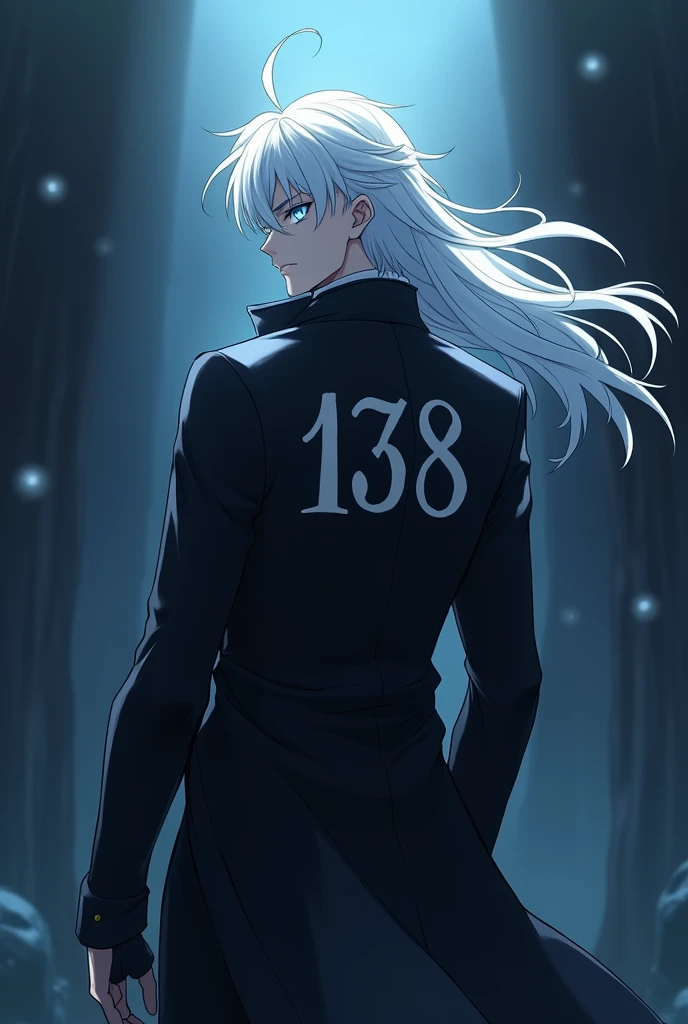 Create a male anime character with long white hairs and eyes colour should be sky blue and wearing a black coat with symbol 138 in fighting font