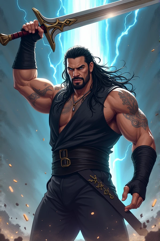 An epic anime-style illustration featuring Roman Reigns wielding a powerful sword, exuding dominance and power. Each stroke capturing a sense of grandeur and strength as the character raises the sword in a heroic and commanding stance.