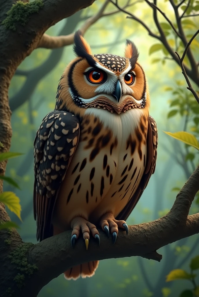 A wise old owl perched on a branch, hooting a riddle: "What has keys but can't open locks?"