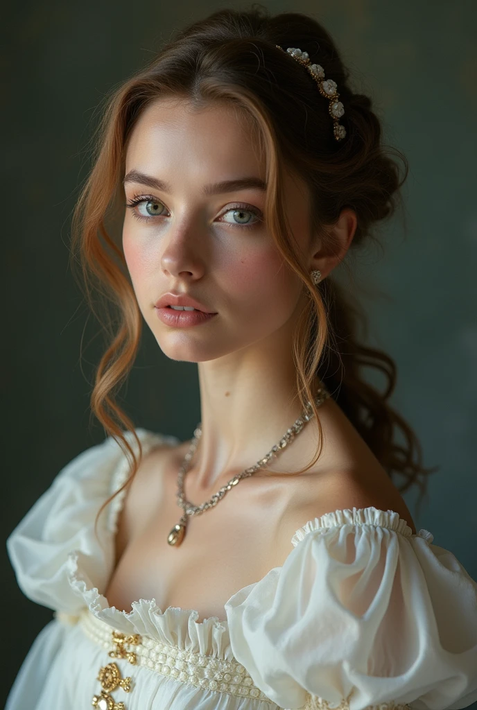 Best quality, masterpiece, a high resolution, 1 girl, porcelain dress, hair accessories, NECKLACE, Jewelry, Beautiful face, On the body, Tyndall effect, realistic, Shadow Studio, Rim lighting, two-color lighting, (Skins with high detail: 1.2), 8 K UHD, SLR camera, soft light, high quality, volumetric light, secret shot, Photo, a high resolution, 4K, 8 K, background blur,light brown hair large face, European appearance, Slovenian appearance