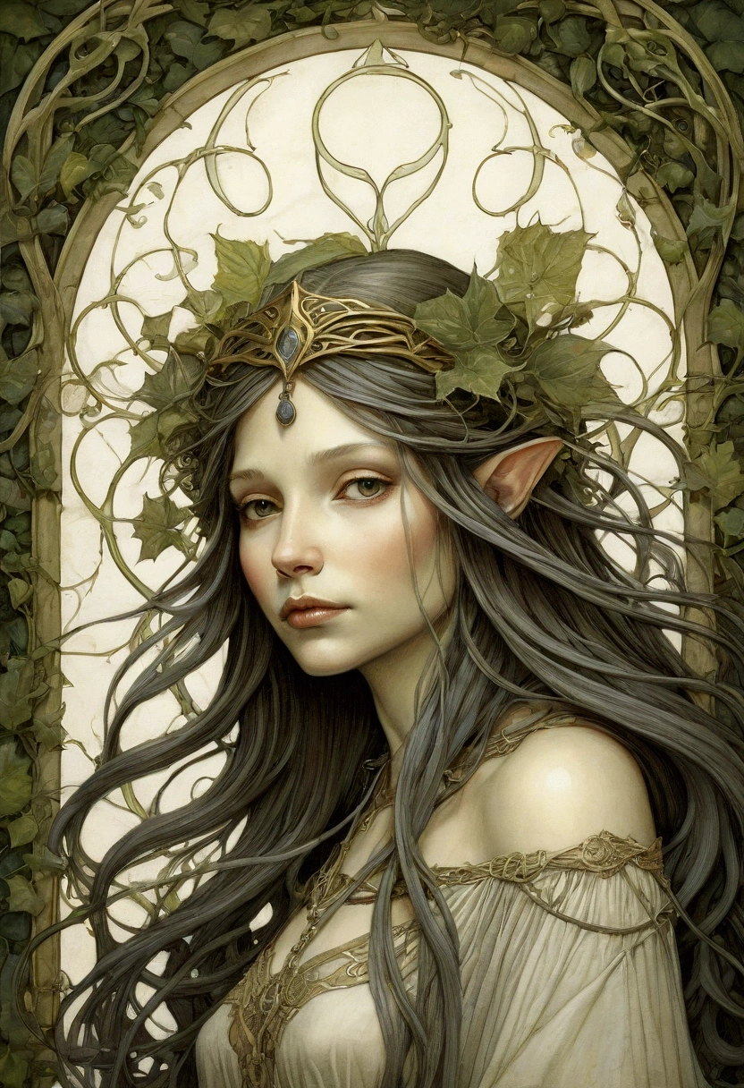a drawing of a Beautiful female creature with a long hair, background art nouveau vines and brass arches concept art inspired by Brian Froud, tumblr, art nouveau, brian froud style, brian froud juan gimenez, style of jean baptiste monge, monge jean-baptiste monge, jean - baptiste monge, jean baptiste monge, tony diterlizzi and brian froud