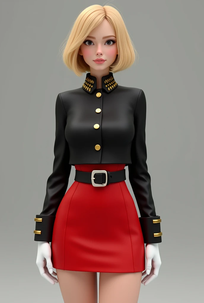 Short, tight mini skirt that covers my legs just above my knees. The skirt is bright red and has a wide black belt holding it in place.. I also wear a fitted jacket that covers my shoulders and chest.. The jacket is black with gold details on the collar and buttons.. And I have white gloves that cover my hands up to the fingers, a 2 girl(from head to toe), linda, tender (forward facing camera), short hair and blonde, big hips