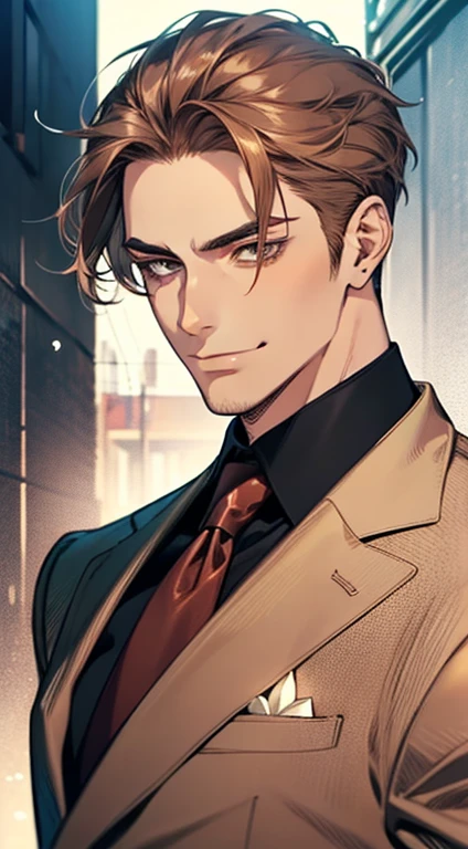 master part, best quality, Realistic, 1 men, mature male, calm and charming young man, age 25, a smirk, cloused mouth, portraite, extreme detailed face, cold smile, ((dark shaped eyes)), ((short dark brown hair swept to the right)), [bushy eyebrows], ((suit)), Handsome, distant shot, western, Jewish, light brown skin