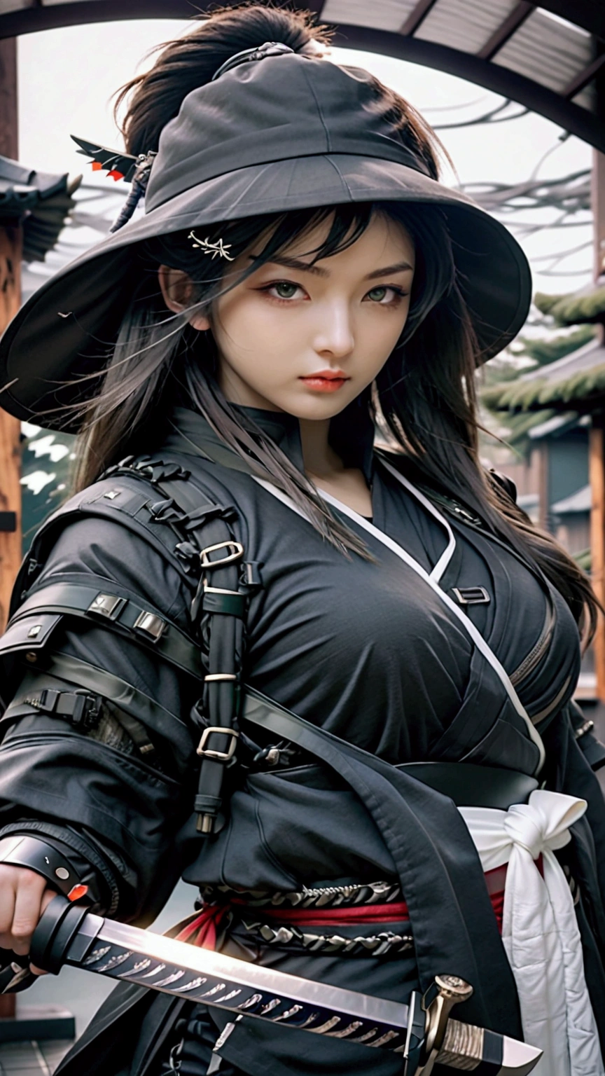 (Japanese sword &reference;Muramasa 2&reference;.2)Two beautiful women、Japanese swordを持った女性、Shinobi Costume、Warrior、Clear Eyes、{Arm tattoo、Warrior、Realistic battle scenes、敵Warriorの返りBlood、Blood、High resolution、Highest quality、Very detailed、8k、background、
