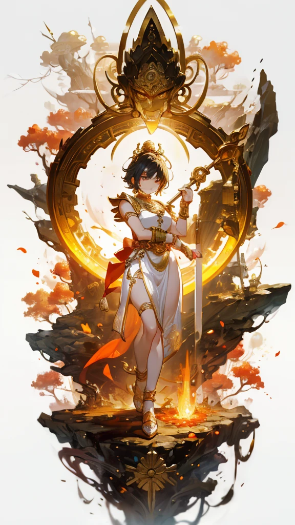 ((masterpiece, best quality)), Epic battlefield atmosphere,Journey to the West,Sun Wukong,Golden Cudgel,Fighting Buddha,Wearing a golden hoop,Petals falling,A meticulous face,Standing image,Perfect body proportions,Stylish short hair,beautiful eyes,Fantasy style,White background