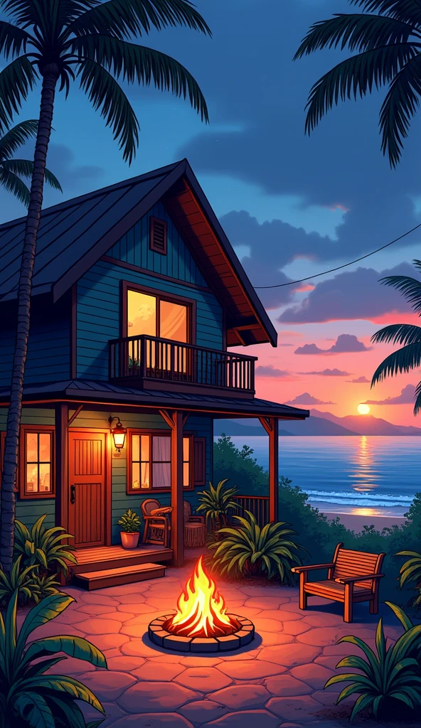 anime Illustration of Hawaii, a very cozy native Hawaiian home with firecamp outside the house with a dog sleeping in the house balcony . Background of people around in the evenings, 2d, cartoon, brightly colored --s 250 --v 6.0 Hawaii, gta vice style , illustration , reteo comic illustration moody, melancholic, vibrant color, detailed, akira --ar 16-9 --niji 6