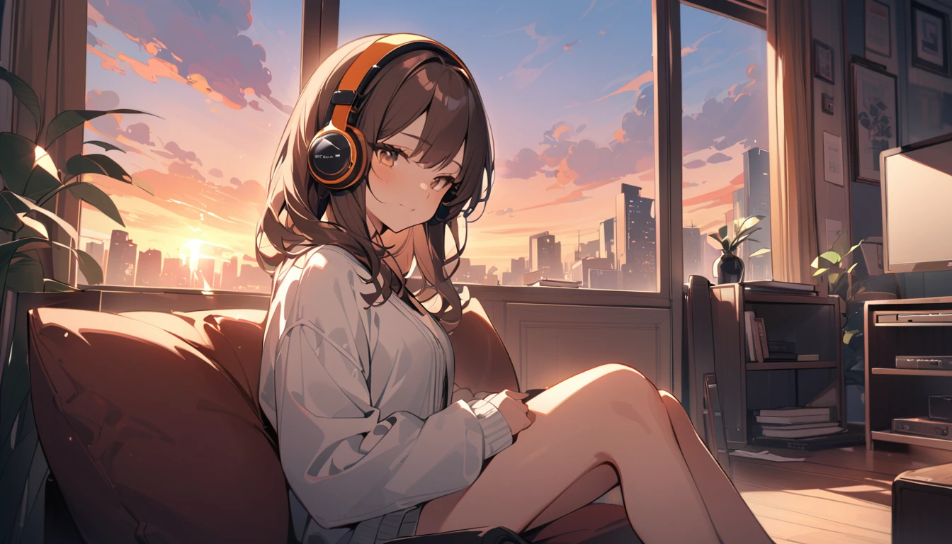 (Brown haired woman wearing headphones), (Relaxing in the living room in the evening listening to background music), (Very detailed, masterpiece, Highest quality, bright), (Anime Style)
background: Orange sky at sunset: Calm eyes closed, relaxed expression: Light cardigan and pants pose: Sitting on the sofa、A scene of people relaxing in a relaxed posture: In a calm space at dusk、Relaxing time surrounded by background music
