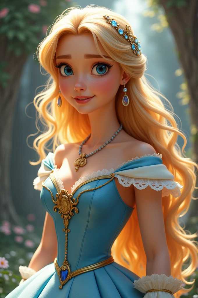 Imagine a young woman who embodies the beauty of all Disney princesses. She has Cinderella's grace, Rapunzel's golden hair, and Snow White's porcelain skin. Her eyes sparkle with kindness, and her smile is as warm as Anna's. She carries the strength of Mulan and Pocahontas, combined with the elegance of Belle and Jasmine. Dressed in a gown that blends Elsa's sophistication with Merida's boldness, she radiates both beauty and inner strength, making her a true heroine.