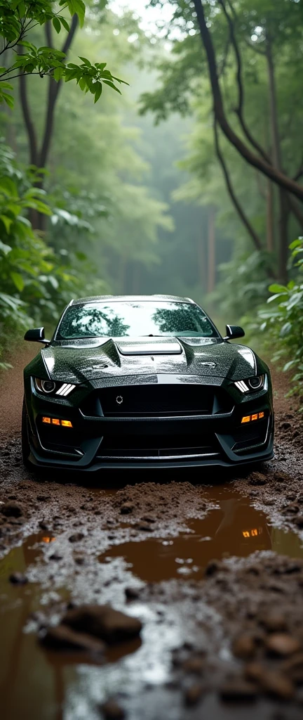 "Capture a high-intensity scene of a black Mustang GT with a Shelby kit navigating through a rugged off-road track in a dense jungle. The car should be kicking up mud and leaves as it powers through the challenging terrain, showcasing its muscular design and off-road capabilities. The dense green foliage and tangled vines of the jungle should create a dramatic backdrop, emphasizing the contrast between the sleek, aggressive car and the untamed wilderness."