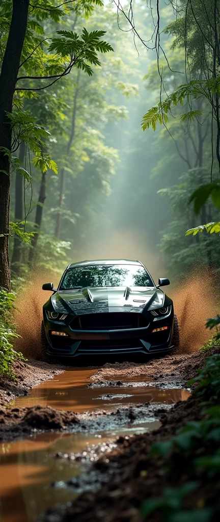 "Capture a high-intensity scene of a black Mustang GT with a Shelby kit navigating through a rugged off-road track in a dense jungle. The car should be kicking up mud and leaves as it powers through the challenging terrain, showcasing its muscular design and off-road capabilities. The dense green foliage and tangled vines of the jungle should create a dramatic backdrop, emphasizing the contrast between the sleek, aggressive car and the untamed wilderness."
