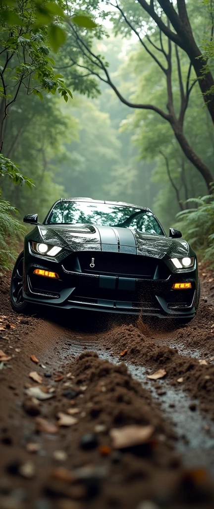 "Capture a high-intensity scene of a black Mustang GT with a Shelby kit navigating through a rugged off-road track in a dense jungle. The car should be kicking up mud and leaves as it powers through the challenging terrain, showcasing its muscular design and off-road capabilities. The dense green foliage and tangled vines of the jungle should create a dramatic backdrop, emphasizing the contrast between the sleek, aggressive car and the untamed wilderness."
