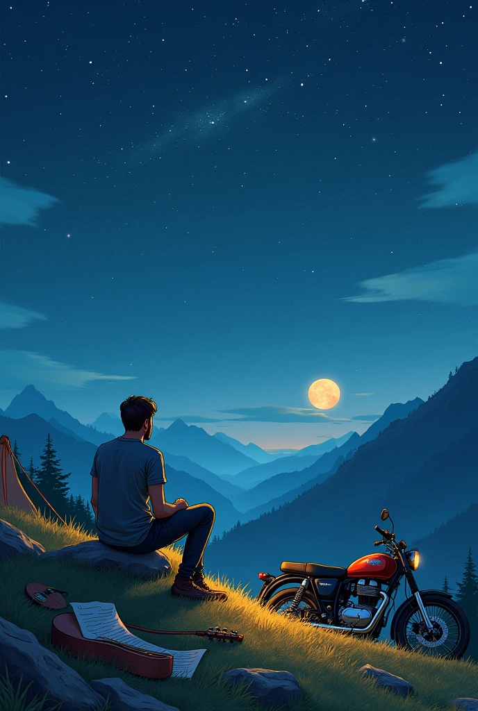 Generate a easy sketch drawing image of a man sitting at the top of the beautiful mountain seeing the moon and stars in the night sky .Near him a guitar and a paper note is placed. At right side a tent is located .And a royal Enfield bike is standing near the tent