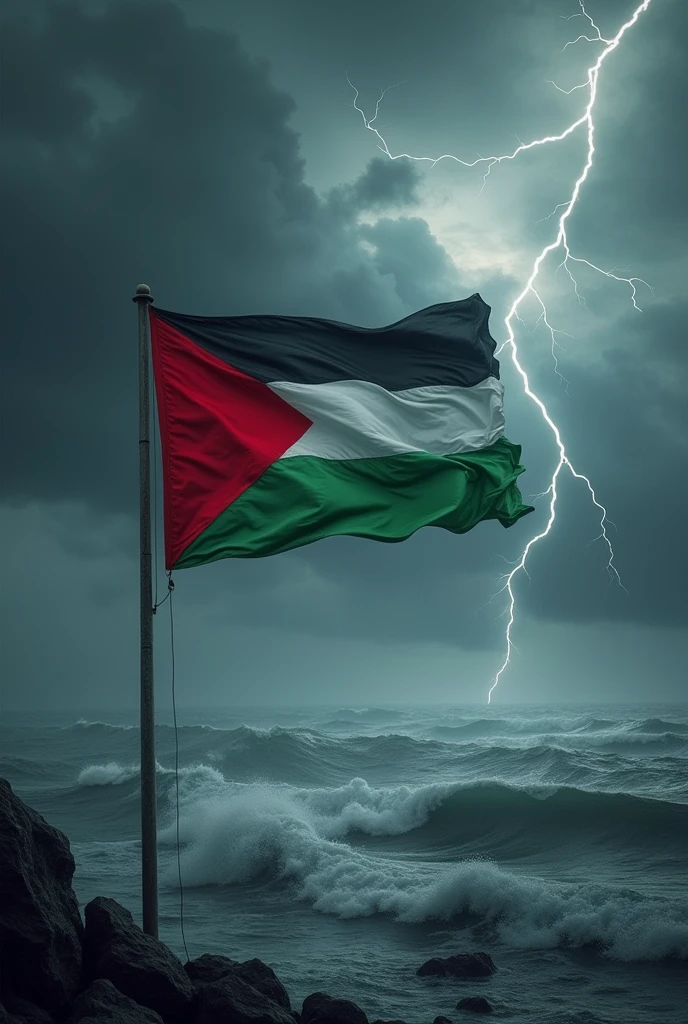 Palestine flag with out any flag stand with the near sea or darky weather rainy season black weather electricity on sky and fog