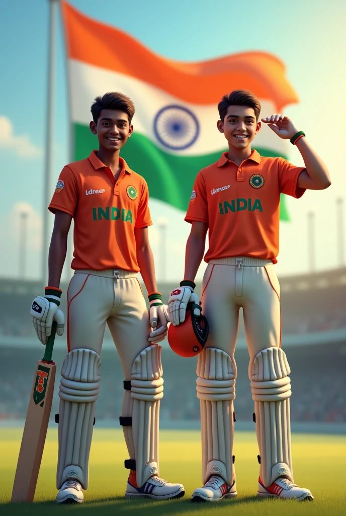 "Two young cricket players stand proudly together on the field, both wearing the vibrant Indian national jersey. One player is holding a cricket bat and smiling, while the other player, with jersey number 18, is adjusting his cap. They stand side by side, with the Indian flag waving gently in the background, embodying a sense of unity and national pride."