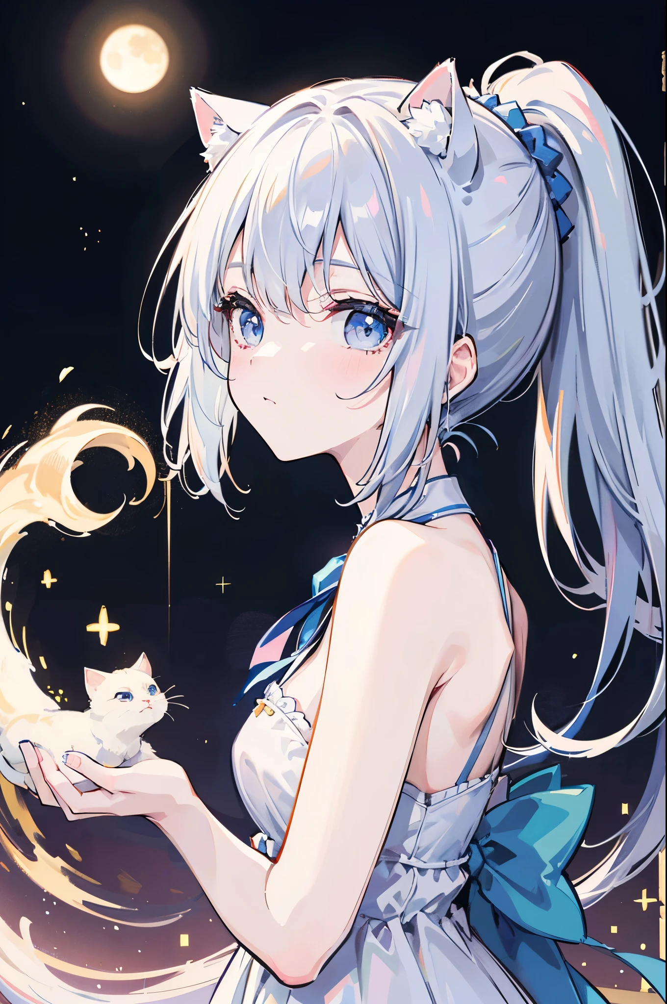 Highest quality, masterpiece, An illustration, Very delicate and beautiful, Very detailed, CG , Unity, 8k wallpaper, wonderful, The finer details, masterpiece, Highest quality, Official Art, Very detailedなCG Unity 8k wallpaper, Confused, 信じられないほどConfused, Very detailedな, High resolution, Very detailed, Detailed light, Cinema Lighting, Lens flare, Light leakage, sunlight, Shine, Beautiful detailedShine, Beautiful detailed, Very detailedな目と顔, Beautiful detailing, An illustration, (Very delicate and beautiful:1.2), Movie angle,(Beautiful detailings:1.1), (Detail Light:1.1),Cinema Lighting, Beautiful and detailed sky, Long white hair, (blue eyes), (High Ponytail:1.1), Shineアイオーン:1.2), (moon light:1.1), Starry Sky, (Lighting Particles:1.1), (Cat ear), Adult female, 1 person
