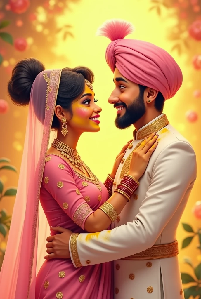Young couple enjoying their haldi ceremony. They are young and in love. They are applying haldi to each orher. Wearing yellow and in love. Bride fair slightly chubby gold jewellery. Pink lehenga with full sleeve blouse and veil covering gull head and hair in a bun. Blushing and playful. Groom white sherwani with baby pink turbans. Slight beard. Fair vhiseled face but cartoonish looking at bride. Shy. Both are happy