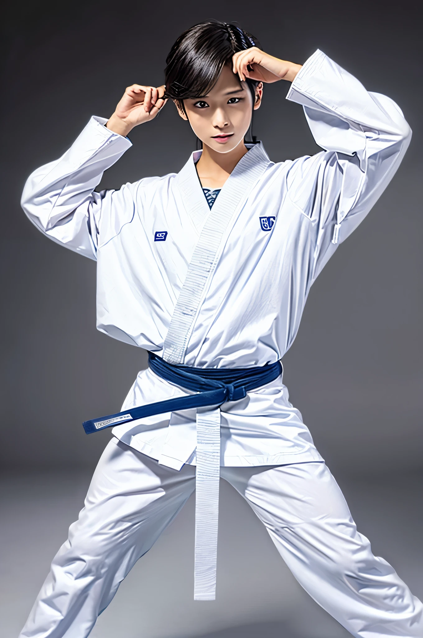 photograph, good looking, Full-body poster of a man with an attractive, calm expression、8k resolution, short hair, logic, Long legs, logicの足,, barefoot, 詳細なlogicの体格, (masterpiece, Highest quality, Highest quality), Raise your fist, Spread your arms wide, Large and dynamic movements, photographのようにリアルな描写,20-year-old, Tight waist, White karate uniform, Karate Belt, White karate pants, Accurate depiction of details, Perfect skeleton, Look straight at your audience, Sharp eyes