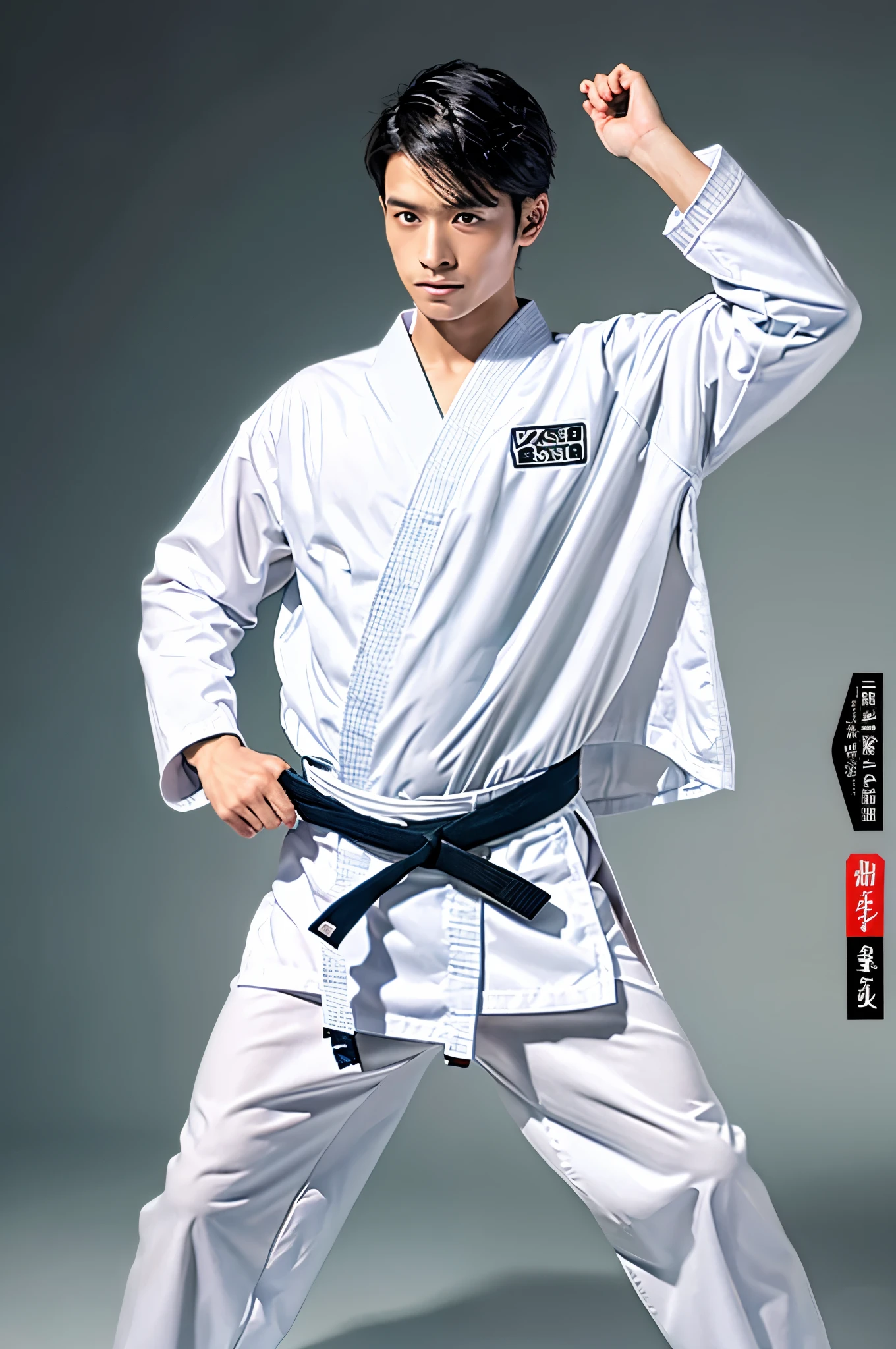 photograph, good looking, Full-body poster of a man with an attractive, calm expression、8k resolution, short hair, logic, Long legs, logicの足,, barefoot, 詳細なlogicの体格, (masterpiece, Highest quality, Highest quality), Raise your fist, Spread your arms wide, Large and dynamic movements, photographのようにリアルな描写,20-year-old, Tight waist, White karate uniform, Karate Belt, White karate pants, Accurate depiction of details, Perfect skeleton, Look straight at your audience, Sharp eyes