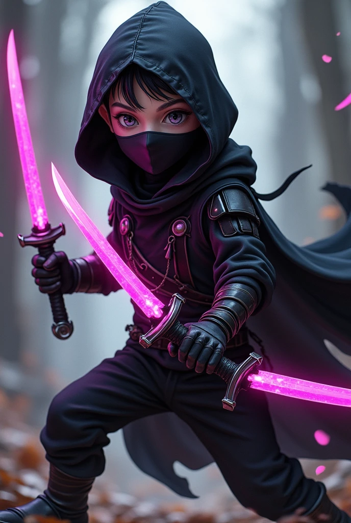 dnd, dungeons and dragons, lightfoot halfling, rogue, short, little person, tiny adult man, round human ears, assassin, ninja, stealth, sneaky, mask, covered mouth, psychic, scary, intimidating, solo, single person, action pose, fighting, pale white skin, short wavy black hair, light grey eyes, handsome, male, middle aged, skinny, anime, comic book, black leather armor, black cloak, large black hood, mask covering nose and mouth, short bright pink ethereal knives in both hands, small knives, magic, ((masterpiece, best quality)), trending artwork