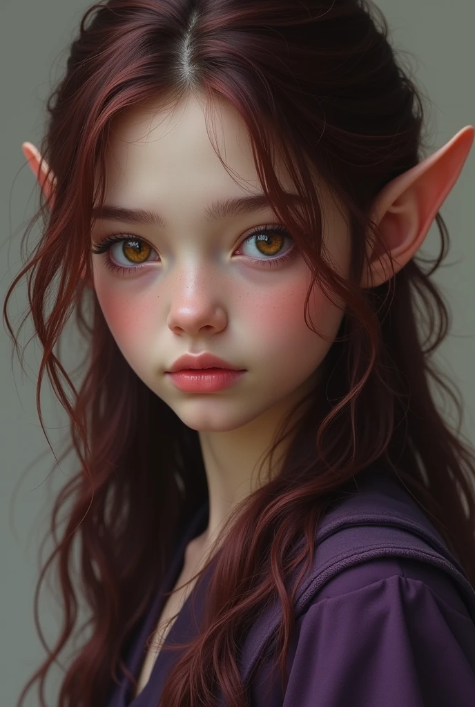 An elf girl with burgundy brown hair, long layered cut hair, sultry shaped eyes, brown eyes, wearing dark purple clothes with neutral skin. Make her photorealistic