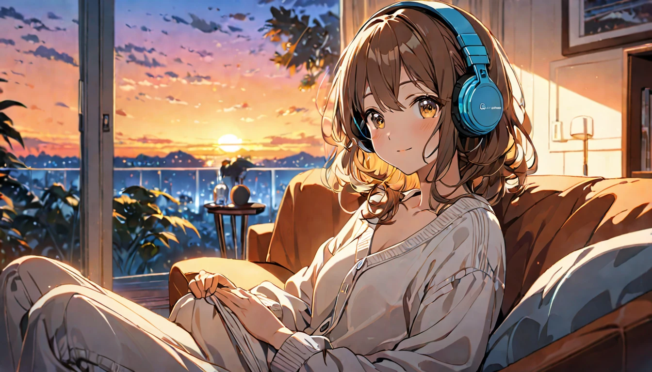 (Brown haired woman wearing headphones), (Relaxing in the living room in the evening listening to background music), (Very detailed, masterpiece, Highest quality, bright), (Anime Style)
background: Orange sky at sunset: Calm eyes closed, relaxed expression: Light cardigan and pants pose: Sitting on the sofa、A scene of people relaxing in a relaxed posture: In a calm space at dusk、Relaxing time surrounded by background music
