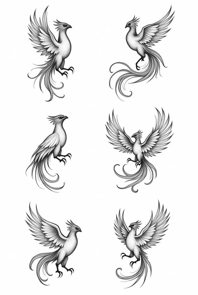 Give me 6 phoenix tattoo designs for the forearm with clean black and white lines and focused on the figure 