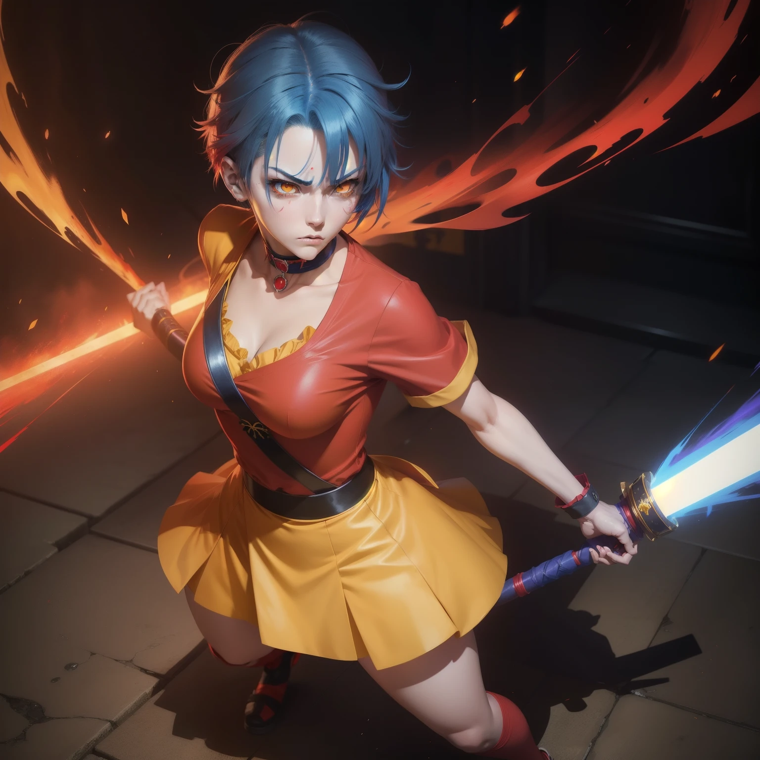 anime style, full body female character, (((Red clothes))), (((blue hair))), short hair, purple choker, (((yellow eyes))), red maid uniform, samurai, detailed, 8K, high quality, emotional effects, anime style, angry face