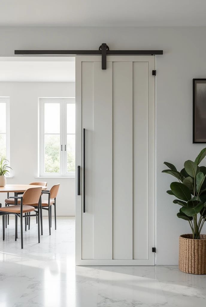 Artistic photographic image of a double-hinged door that divides a modern white living room from a dining room, featuring a style inspired by Le Corbusier, using modern materials. The door should emphasize clean, geometric lines and functional design, reflecting Le Corbusier's principles. Modern materials like sleek glass, brushed metal, and polished concrete should be used to enhance the door's contemporary feel. The setting should be a minimalist interior, showcasing a harmonious blend of classic modernist aesthetics with a modern touch, complementing the door's sophisticated design.