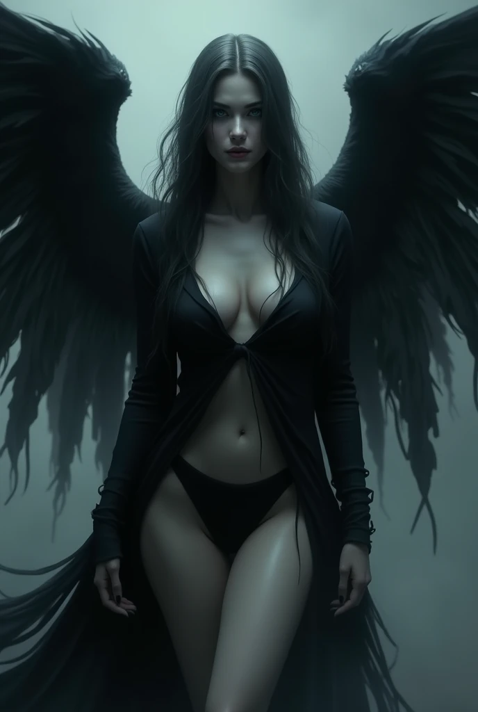 Ghostly Face. Shadow body with clothes that hide the body, like the character of Vivi from Final Fantasy IX, cleavage, thigh, short skirt, sexy, wide black wings