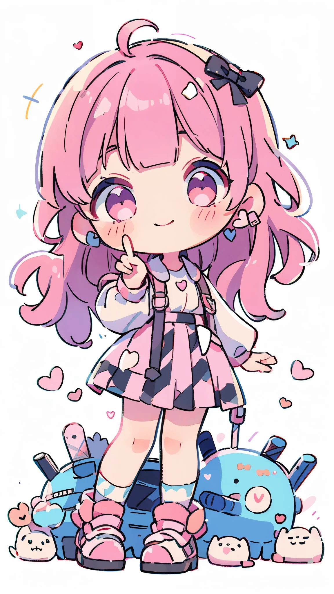((from front)),
((chibi)),
((peace sign)),
high resolution,smile,woman,woman1人,adult,Clear,cute,Put your hand on your cheek,
blunt bangs,Pink Hair,wavy hair,long hair,BREAK,
Pink eyes,Sparkling Eyes,BREAK,
((Landmine fashion)),
Pink blouse,BREAK,Black checkered pleated skirt,BREAK,
Ribbon barrette,Heart Earrings,BREAK,
dreamy,BREAK,Pink hearts on a white background,