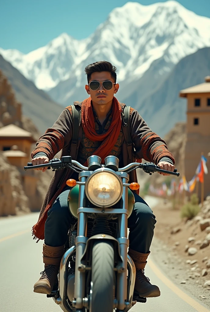 A young man riding bullet 350 at ladakh wearing ladakhi dress with a sunglass on face looks like mongolian