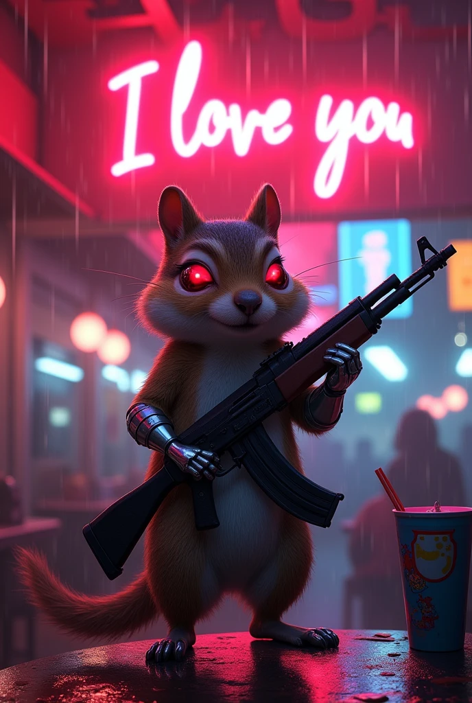 Movie poster, large neon sign in the center reads "I love you", masterpiece, 4k, 8k, high quality, high detail, concept art, cybernetically enhanced chipmunk, red eyes. neon glow, robot chipmunk, one hand holding an AK, one foot metal, looking at the viewer, standing on the bar of a noodle shop, taking care of yourself, cyberpunk scene, rain falling, neon lights,