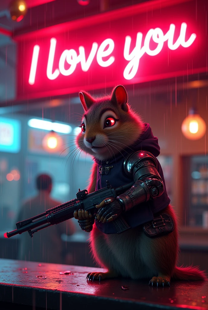 Movie poster, large neon sign in the center reads "I love you", masterpiece, 4k, 8k, high quality, high detail, concept art, cybernetically enhanced chipmunk, red eyes. neon glow, robot chipmunk, one hand holding an AK, one foot metal, looking at the viewer, standing on the bar of a noodle shop, taking care of yourself, cyberpunk scene, rain falling, neon lights,