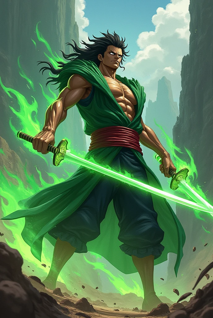 One piece's joro Stan in battle with hold his three sword with green flame blade and looks like serious like a ready to fight