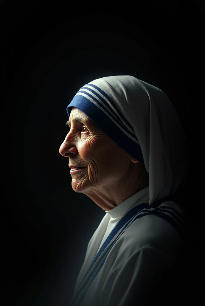 "A slowly fading image of Mother Teresa, starting as a clear, bright picture and gradually blending into darkness. The background should be simple and black, emphasizing the transition from light to dark."