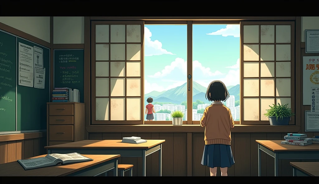 A classroom in an old school in modern Japan、Mao looking out the window、Haruki is outside