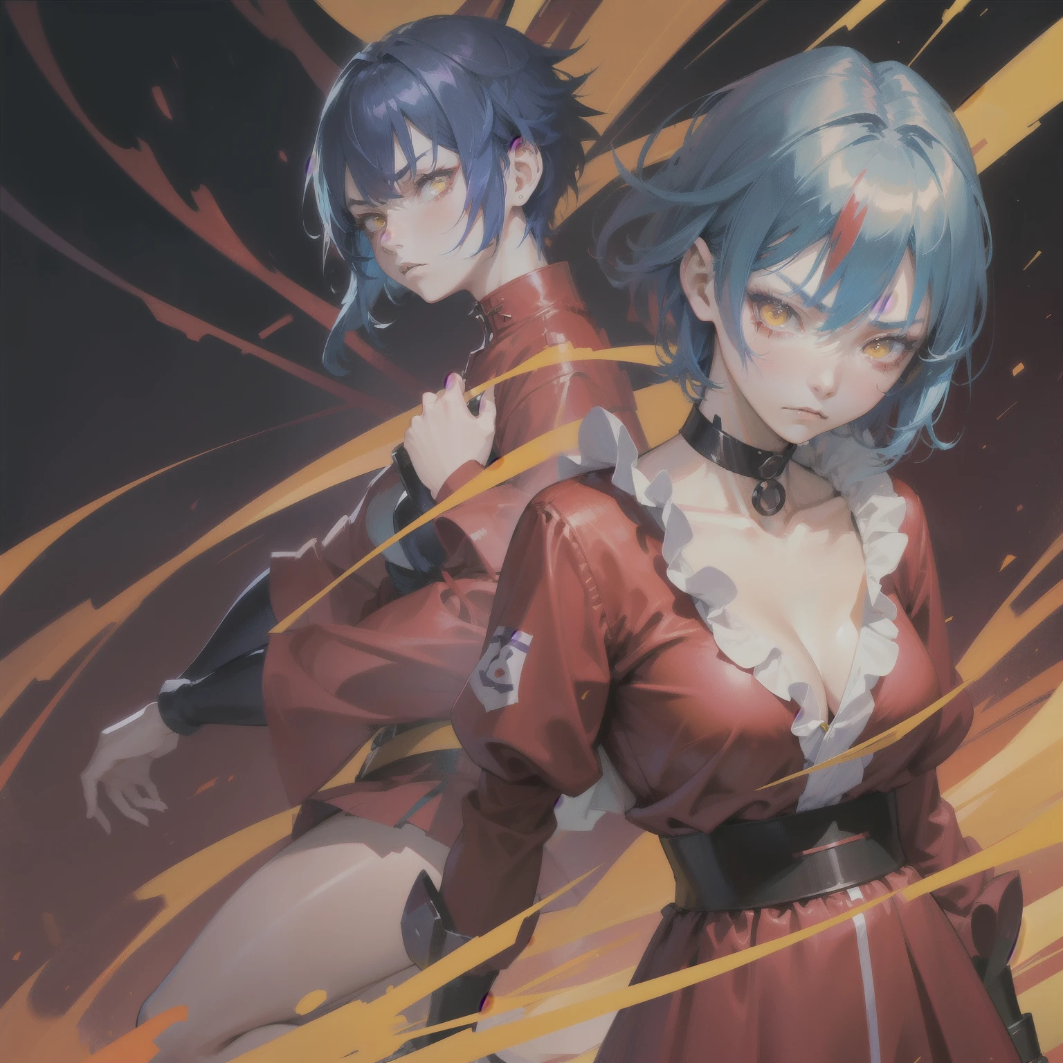 anime style, full body female character, (((Red clothes))), (((blue hair))), short hair, purple choker, (((yellow eyes))), red maid uniform, samurai, detailed, 8K, high quality, emotional effects, anime style, angry face