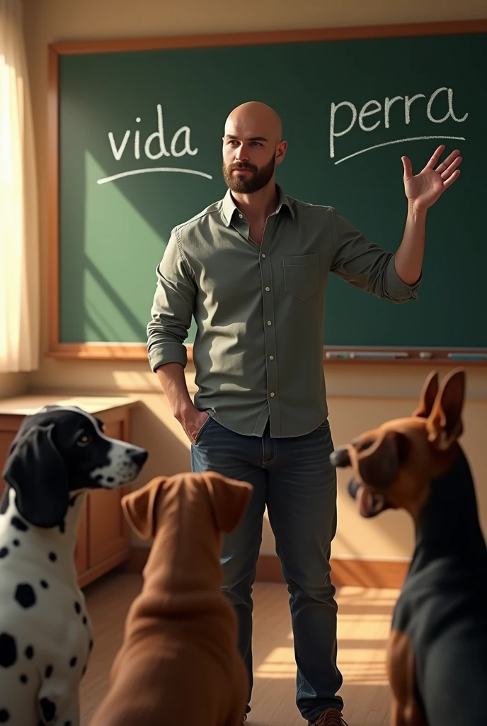 An attractive teacher bald and beardless, points to the blackboard on which we can read two words in Spanish, one is “VIDA” and the other is “PERRA”, written in white chalk. We can see his students from one side looking at him attentively, they are sitting and they are 3 dogs, a cocker spaniel, a Dalmatian and a Doberman.. Indoors, soft lighting, window with sunlight,, realistic, intricate details, warm colors. Photo taken with Panasonic Lumix DMC-FZ2000