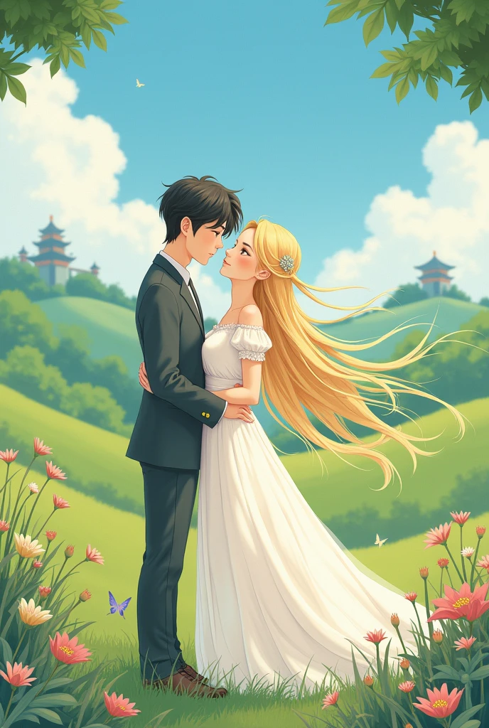 Give me a studio ghibli style illustration of a blonde haired girl that looks like Ariana Grande marrying a guy that looks like Enhypen&#39;s Sunghoon   