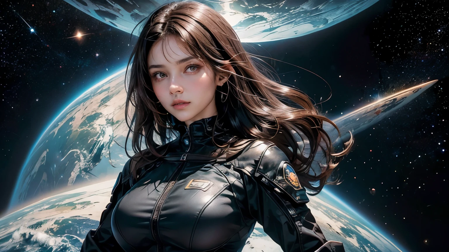 A beautiful woman. Dark brown hair. Mid twenties. She is looking at the camera with a serious expression. She is wearing a black business suit. An image of outer space and four-dimensional space-time in the space behind her.