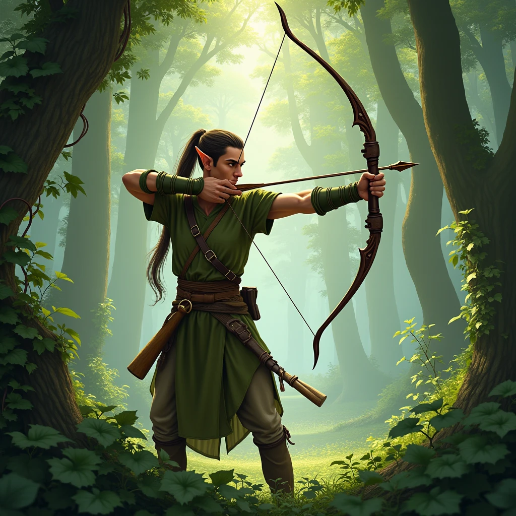 male elf ranger, in a forest, drawing a bow to fire, leaves a vines in forground