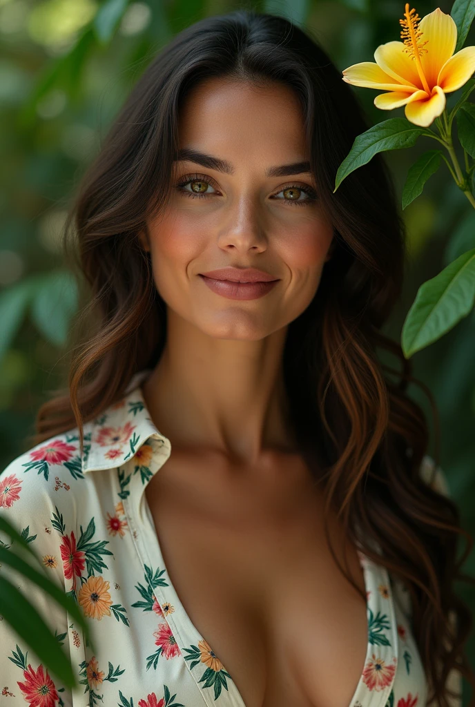 A Brazilian woman in a lush tropical garden, wearing an open shirt with a floral print, with a close-up capturing the harmonious beauty between her breasts and the natural flowers, showing off your natural charm and outgoing personality.