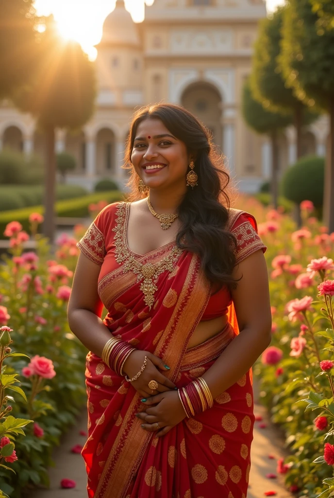 a very short and thick voluptuous smiling Indian woman with huge saggy breasts wearing trendy gorgeous intricate traditional dress without bra at a royal palace flower garden during golden hour, warm backlit dreamlike atmosphere, soft cinematic focus, anamorphic lens flares, masterpiece, by Zack Snyder,