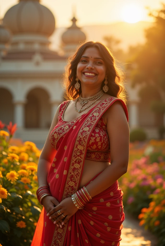 a very short and thick voluptuous smiling Indian woman with huge saggy breasts wearing trendy gorgeous intricate traditional dress without bra at a royal palace flower garden during golden hour, warm backlit dreamlike atmosphere, soft cinematic focus, anamorphic lens flares, masterpiece, by Zack Snyder,