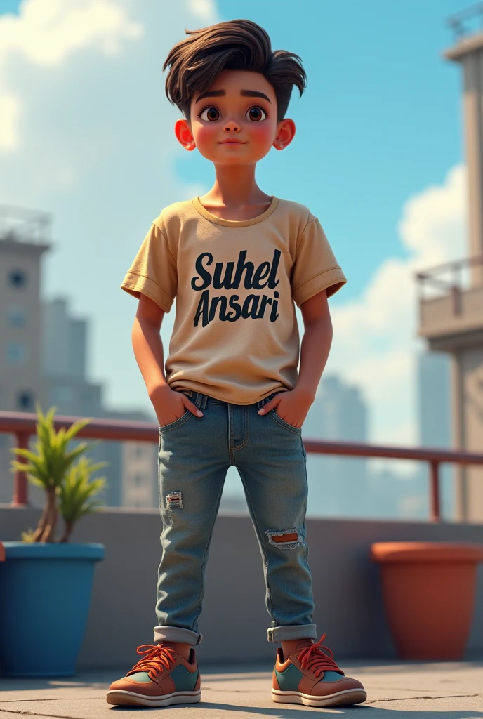 A boy stand in roof woth halt cool tshirt and tshirt on name print suhel ansari