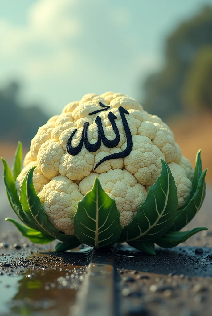 There is a cauliflower on a road. Allah is written on that cauliflower. And a car has collided with it. Make an image and show it.